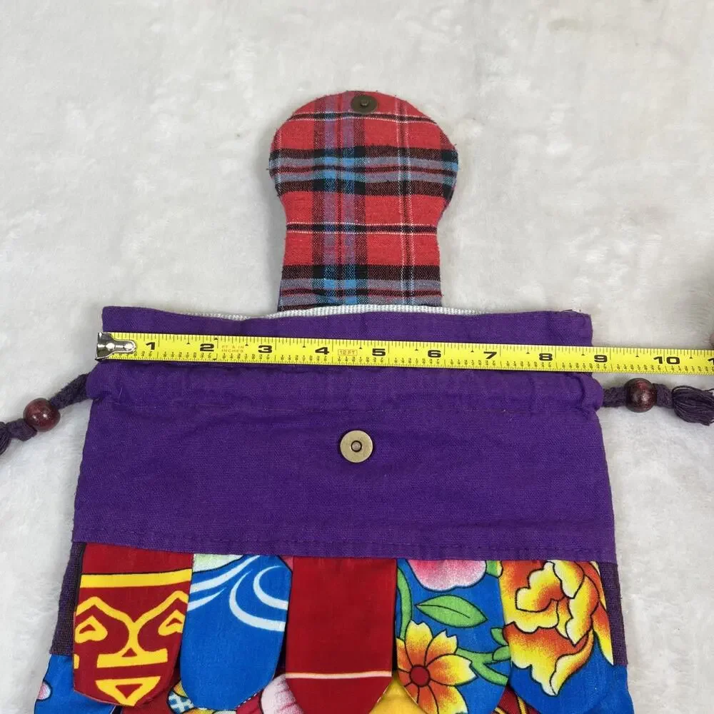 Handmade Patchwork Colorful Cat Drawstring Backpack Purple Multi-Color Charity